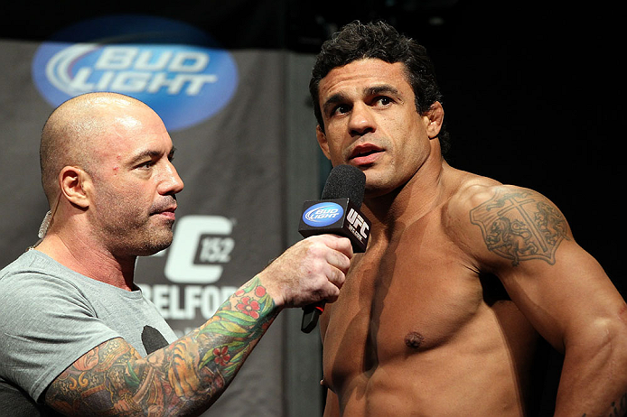 TORONTO, CANADA - SEPTEMBER 21: (R-L) Vitor Belfort is interviewed by Joe Rogan during the UFC 152 weigh in at Mattamy Athletic Centre at the Gardens on September 21, 2012 in Toronto, Ontario, Canada. (Photo by Mike Roach/Zuffa LLC/Zuffa LLC via Getty Images)
