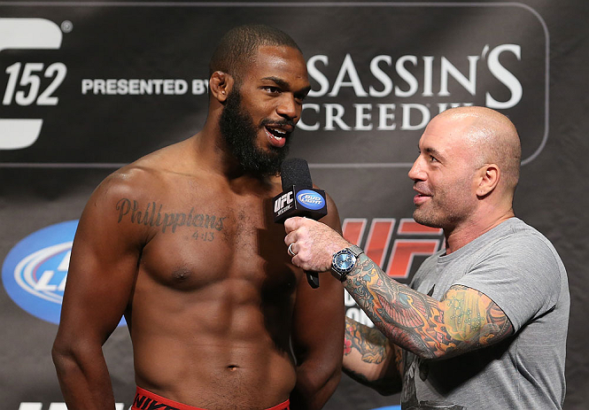 TORONTO, CANADA - SEPTEMBER 21: Jon "Bones" Jones (L) is interviewed by Joe Rogan during the UFC 152 weigh in at Mattamy Athletic Centre at the Gardens on September 21, 2012 in Toronto, Ontario, Canada. (Photo by Josh Hedges/Zuffa LLC/Zuffa LLC via Getty Images)
