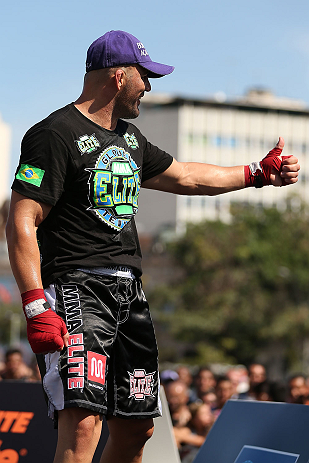 RIO DE JANEIRO, BRAZIL - OCTOBER 10: Glover Teixeira greets fans after an open training session ahead of UFC 153 at Arcos da Lapa: Praca Cardeal Camara on October 10, 2012 in Rio de Janeiro, Brazil. (Photo by Josh Hedges/Zuffa LLC/Zuffa LLC via Getty Images)