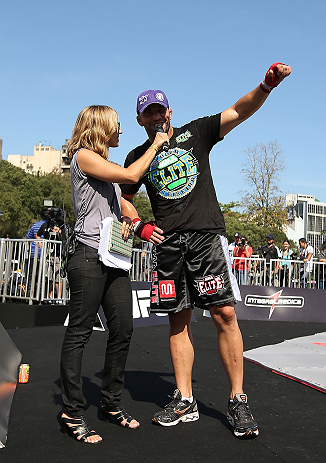 RIO DE JANEIRO, BRAZIL - OCTOBER 10: Glover Teixeira is interviewed after an open training session ahead of UFC 153 at Arcos da Lapa: Praca Cardeal Camara on October 10, 2012 in Rio de Janeiro, Brazil. (Photo by Josh Hedges/Zuffa LLC/Zuffa LLC via Getty Images)