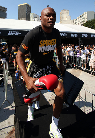RIO DE JANEIRO, BRAZIL - OCTOBER 10:  Anderson Silva walks onto the mat before an open training session ahead of UFC 153 at Arcos da Lapa: Praca Cardeal Camara on October 10, 2012 in Rio de Janeiro, Brazil.  (Photo by Josh Hedges/Zuffa LLC/Zuffa LLC via Getty Images)
