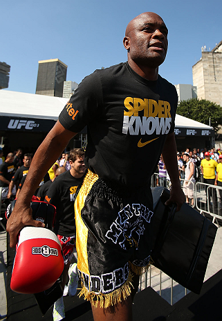 RIO DE JANEIRO, BRAZIL - OCTOBER 10: Anderson Silva walks onto the mat before an open training session ahead of UFC 153 at Arcos da Lapa: Praca Cardeal Camara on October 10, 2012 in Rio de Janeiro, Brazil. (Photo by Josh Hedges/Zuffa LLC/Zuffa LLC via Getty Images)