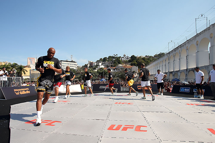 RIO DE JANEIRO, BRAZIL - OCTOBER 10: Anderson Silva works out for fans and media during an open training session ahead of UFC 153 at Arcos da Lapa: Praca Cardeal Camara on October 10, 2012 in Rio de Janeiro, Brazil. (Photo by Josh Hedges/Zuffa LLC/Zuffa LLC via Getty Images)