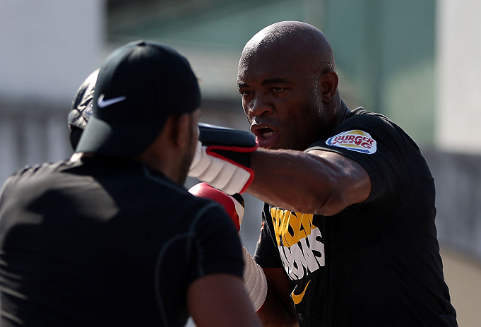 RIO DE JANEIRO, BRAZIL - OCTOBER 10: Anderson Silva works out for fans and media during an open training session ahead of UFC 153 at Arcos da Lapa: Praca Cardeal Camara on October 10, 2012 in Rio de Janeiro, Brazil. (Photo by Josh Hedges/Zuffa LLC/Zuffa LLC via Getty Images)