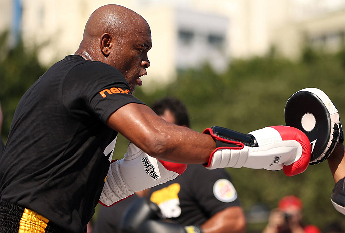 RIO DE JANEIRO, BRAZIL - OCTOBER 10: Anderson Silva works out for fans and media during an open training session ahead of UFC 153 at Arcos da Lapa: Praca Cardeal Camara on October 10, 2012 in Rio de Janeiro, Brazil. (Photo by Josh Hedges/Zuffa LLC/Zuffa LLC via Getty Images)