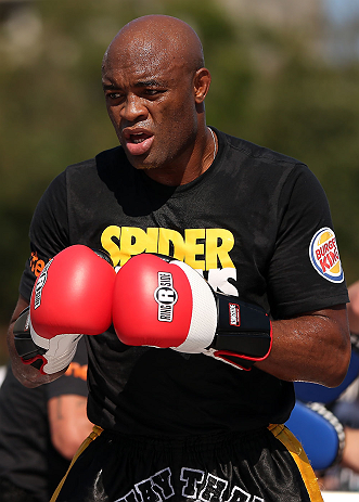 RIO DE JANEIRO, BRAZIL - OCTOBER 10: Anderson Silva works out for fans and media during an open training session ahead of UFC 153 at Arcos da Lapa: Praca Cardeal Camara on October 10, 2012 in Rio de Janeiro, Brazil. (Photo by Josh Hedges/Zuffa LLC/Zuffa LLC via Getty Images)