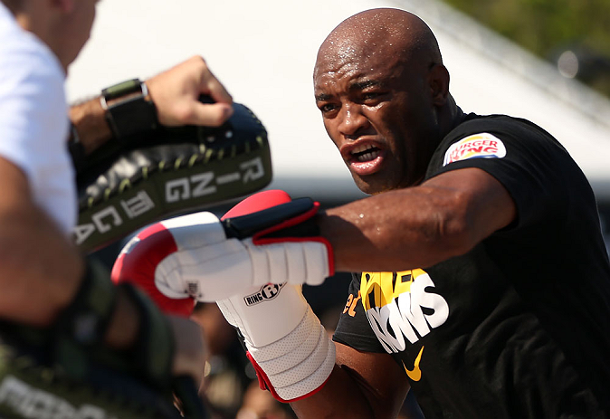 RIO DE JANEIRO, BRAZIL - OCTOBER 10: Anderson Silva works out for fans and media during an open training session ahead of UFC 153 at Arcos da Lapa: Praca Cardeal Camara on October 10, 2012 in Rio de Janeiro, Brazil. (Photo by Josh Hedges/Zuffa LLC/Zuffa LLC via Getty Images)
