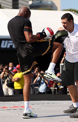 RIO DE JANEIRO, BRAZIL - OCTOBER 10: Anderson Silva works out for fans and media during an open training session ahead of UFC 153 at Arcos da Lapa: Praca Cardeal Camara on October 10, 2012 in Rio de Janeiro, Brazil. (Photo by Josh Hedges/Zuffa LLC/Zuffa LLC via Getty Images)