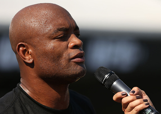 RIO DE JANEIRO, BRAZIL - OCTOBER 10: Anderson Silva addresses the fans after an open training session ahead of UFC 153 at Arcos da Lapa: Praca Cardeal Camara on October 10, 2012 in Rio de Janeiro, Brazil. (Photo by Josh Hedges/Zuffa LLC/Zuffa LLC via Getty Images)