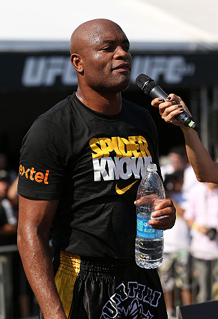 RIO DE JANEIRO, BRAZIL - OCTOBER 10: Anderson Silva addresses the fans after an open training session ahead of UFC 153 at Arcos da Lapa: Praca Cardeal Camara on October 10, 2012 in Rio de Janeiro, Brazil. (Photo by Josh Hedges/Zuffa LLC/Zuffa LLC via Getty Images)