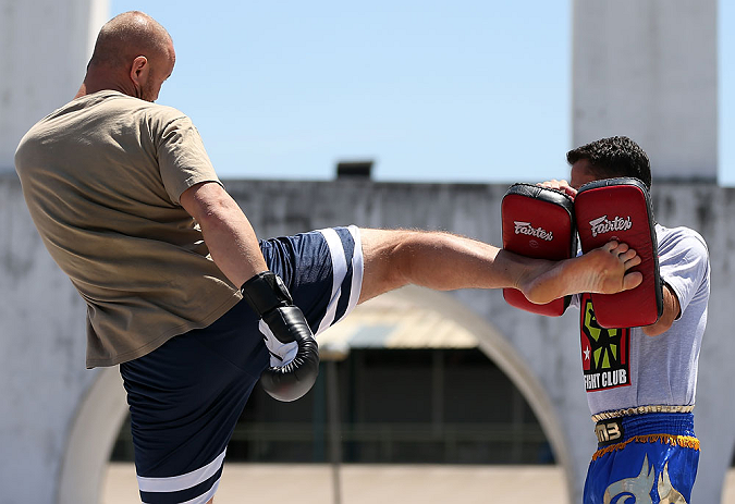 RIO DE JANEIRO, BRAZIL - OCTOBER 10: Dave Herman works out for fans and media during an open training session ahead of UFC 153 at Arcos da Lapa: Praca Cardeal Camara on October 10, 2012 in Rio de Janeiro, Brazil. (Photo by Josh Hedges/Zuffa LLC/Zuffa LLC via Getty Images)