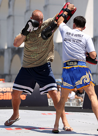 RIO DE JANEIRO, BRAZIL - OCTOBER 10: Dave Herman works out for fans and media during an open training session ahead of UFC 153 at Arcos da Lapa: Praca Cardeal Camara on October 10, 2012 in Rio de Janeiro, Brazil. (Photo by Josh Hedges/Zuffa LLC/Zuffa LLC via Getty Images)
