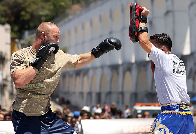 RIO DE JANEIRO, BRAZIL - OCTOBER 10: Dave Herman works out for fans and media during an open training session ahead of UFC 153 at Arcos da Lapa: Praca Cardeal Camara on October 10, 2012 in Rio de Janeiro, Brazil. (Photo by Josh Hedges/Zuffa LLC/Zuffa LLC via Getty Images)