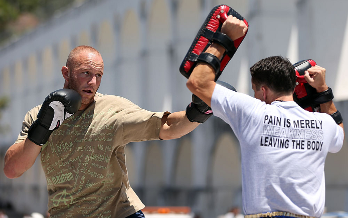 RIO DE JANEIRO, BRAZIL - OCTOBER 10: Dave Herman works out for fans and media during an open training session ahead of UFC 153 at Arcos da Lapa: Praca Cardeal Camara on October 10, 2012 in Rio de Janeiro, Brazil. (Photo by Josh Hedges/Zuffa LLC/Zuffa LLC via Getty Images)