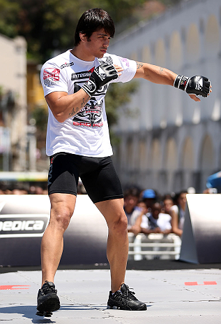 RIO DE JANEIRO, BRAZIL - OCTOBER 10: Erick Silva works out for fans and media during an open training session ahead of UFC 153 at Arcos da Lapa: Praca Cardeal Camara on October 10, 2012 in Rio de Janeiro, Brazil. (Photo by Josh Hedges/Zuffa LLC/Zuffa LLC via Getty Images)