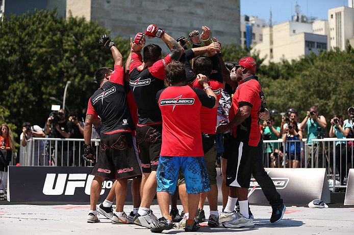 RIO DE JANEIRO, BRAZIL - OCTOBER 10: Erick Silva works out for fans and media during an open training session ahead of UFC 153 at Arcos da Lapa: Praca Cardeal Camara on October 10, 2012 in Rio de Janeiro, Brazil. (Photo by Josh Hedges/Zuffa LLC/Zuffa LLC via Getty Images)