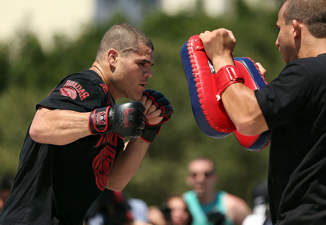 RIO DE JANEIRO, BRAZIL - OCTOBER 10: Wagner Prado works out for fans and media during an open training session ahead of UFC 153 at Arcos da Lapa: Praca Cardeal Camara on October 10, 2012 in Rio de Janeiro, Brazil. (Photo by Josh Hedges/Zuffa LLC/Zuffa LLC via Getty Images)