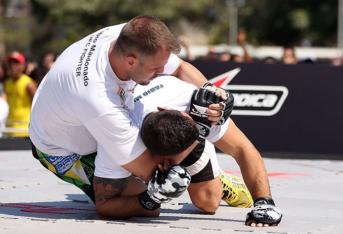 RIO DE JANEIRO, BRAZIL - OCTOBER 10: Fabio Maldonado works out for fans and media during an open training session ahead of UFC 153 at Arcos da Lapa: Praca Cardeal Camara on October 10, 2012 in Rio de Janeiro, Brazil. (Photo by Josh Hedges/Zuffa LLC/Zuffa LLC via Getty Images)