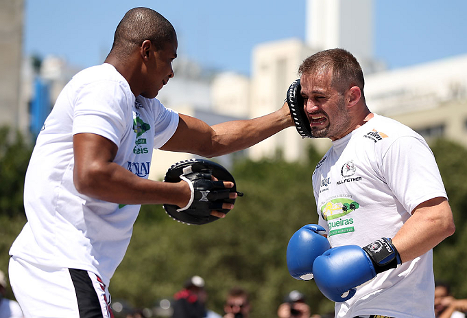 RIO DE JANEIRO, BRAZIL - OCTOBER 10: Fabio Maldonado works out for fans and media during an open training session ahead of UFC 153 at Arcos da Lapa: Praca Cardeal Camara on October 10, 2012 in Rio de Janeiro, Brazil. (Photo by Josh Hedges/Zuffa LLC/Zuffa LLC via Getty Images)