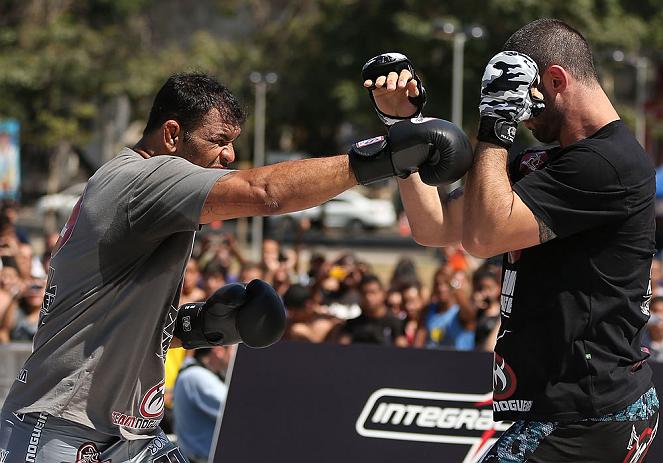 RIO DE JANEIRO, BRAZIL - OCTOBER 10: Antonio Rodrigo "Minotauro" Nogeuira works out for fans and media during an open training session ahead of UFC 153 at Arcos da Lapa: Praca Cardeal Camara on October 10, 2012 in Rio de Janeiro, Brazil. (Photo by Josh Hedges/Zuffa LLC/Zuffa LLC via Getty Images)