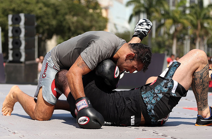 RIO DE JANEIRO, BRAZIL - OCTOBER 10: Antonio Rodrigo "Minotauro" Nogeuira works out for fans and media during an open training session ahead of UFC 153 at Arcos da Lapa: Praca Cardeal Camara on October 10, 2012 in Rio de Janeiro, Brazil. (Photo by Josh Hedges/Zuffa LLC/Zuffa LLC via Getty Images)