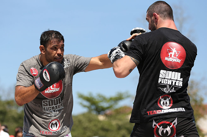 RIO DE JANEIRO, BRAZIL - OCTOBER 10: Antonio Rodrigo "Minotauro" Nogeuira works out for fans and media during an open training session ahead of UFC 153 at Arcos da Lapa: Praca Cardeal Camara on October 10, 2012 in Rio de Janeiro, Brazil. (Photo by Josh Hedges/Zuffa LLC/Zuffa LLC via Getty Images)