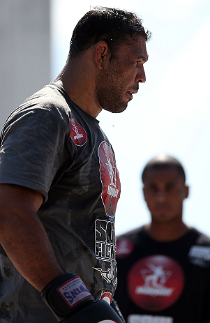 RIO DE JANEIRO, BRAZIL - OCTOBER 10: Antonio Rodrigo "Minotauro" Nogeuira works out for fans and media during an open training session ahead of UFC 153 at Arcos da Lapa: Praca Cardeal Camara on October 10, 2012 in Rio de Janeiro, Brazil. (Photo by Josh Hedges/Zuffa LLC/Zuffa LLC via Getty Images)