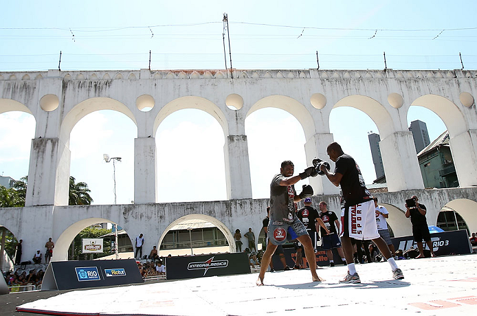 RIO DE JANEIRO, BRAZIL - OCTOBER 10: Antonio Rodrigo "Minotauro" Nogeuira works out for fans and media during an open training session ahead of UFC 153 at Arcos da Lapa: Praca Cardeal Camara on October 10, 2012 in Rio de Janeiro, Brazil. (Photo by Josh Hedges/Zuffa LLC/Zuffa LLC via Getty Images)