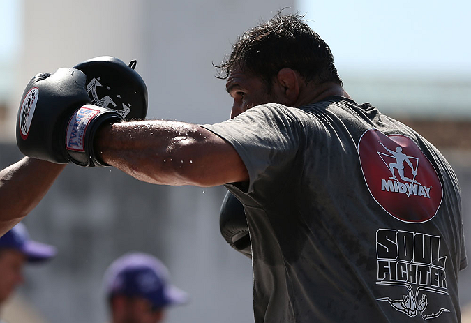 RIO DE JANEIRO, BRAZIL - OCTOBER 10: Antonio Rodrigo "Minotauro" Nogeuira works out for fans and media during an open training session ahead of UFC 153 at Arcos da Lapa: Praca Cardeal Camara on October 10, 2012 in Rio de Janeiro, Brazil. (Photo by Josh Hedges/Zuffa LLC/Zuffa LLC via Getty Images)