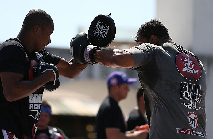 RIO DE JANEIRO, BRAZIL - OCTOBER 10: Antonio Rodrigo "Minotauro" Nogeuira works out for fans and media during an open training session ahead of UFC 153 at Arcos da Lapa: Praca Cardeal Camara on October 10, 2012 in Rio de Janeiro, Brazil. (Photo by Josh Hedges/Zuffa LLC/Zuffa LLC via Getty Images)