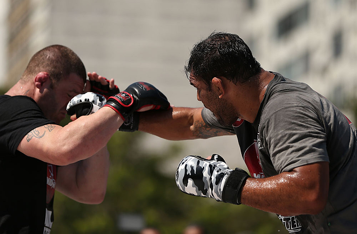 RIO DE JANEIRO, BRAZIL - OCTOBER 10: Antonio Rodrigo "Minotauro" Nogeuira works out for fans and media during an open training session ahead of UFC 153 at Arcos da Lapa: Praca Cardeal Camara on October 10, 2012 in Rio de Janeiro, Brazil. (Photo by Josh Hedges/Zuffa LLC/Zuffa LLC via Getty Images)