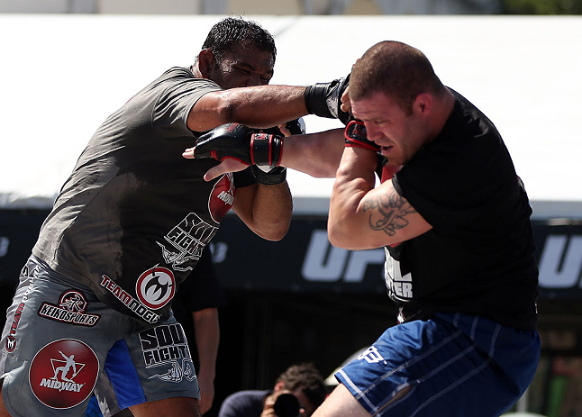 RIO DE JANEIRO, BRAZIL - OCTOBER 10: Antonio Rodrigo "Minotauro" Nogeuira works out for fans and media during an open training session ahead of UFC 153 at Arcos da Lapa: Praca Cardeal Camara on October 10, 2012 in Rio de Janeiro, Brazil. (Photo by Josh Hedges/Zuffa LLC/Zuffa LLC via Getty Images)
