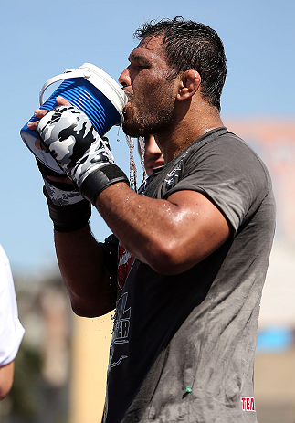 RIO DE JANEIRO, BRAZIL - OCTOBER 10: Antonio Rodrigo "Minotauro" Nogeuira works out for fans and media during an open training session ahead of UFC 153 at Arcos da Lapa: Praca Cardeal Camara on October 10, 2012 in Rio de Janeiro, Brazil. (Photo by Josh Hedges/Zuffa LLC/Zuffa LLC via Getty Images)