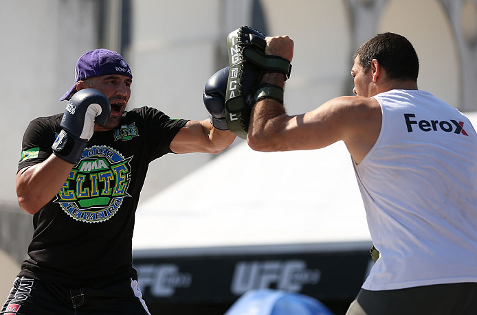 RIO DE JANEIRO, BRAZIL - OCTOBER 10: Glover Teixeira works out for fans and media during an open training session ahead of UFC 153 at Arcos da Lapa: Praca Cardeal Camara on October 10, 2012 in Rio de Janeiro, Brazil. (Photo by Josh Hedges/Zuffa LLC/Zuffa LLC via Getty Images)