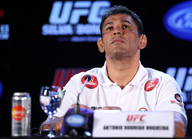 RIO DE JANEIRO, BRAZIL - OCTOBER 11:  Minotauro Nogueira interacts with media during a press conference ahead of UFC 153 at Windsor Barra Hotel on October 11, 2012 in Rio de Janeiro, Brazil.  (Photo by Josh Hedges/Zuffa LLC/Zuffa LLC via Getty Images)
