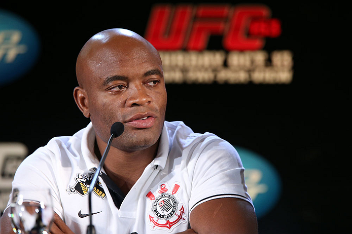RIO DE JANEIRO, BRAZIL - OCTOBER 11:  Anderson Silva interacts with media during a press conference ahead of UFC 153 at Windsor Barra Hotel on October 11, 2012 in Rio de Janeiro, Brazil.  (Photo by Josh Hedges/Zuffa LLC/Zuffa LLC via Getty Images)