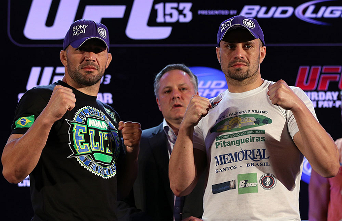 RIO DE JANEIRO, BRAZIL - OCTOBER 11:  (L-R) Opponents Glover Teixeira and Fabio Maldonado pose for photos during a press conference ahead of UFC 153 at Windsor Barra Hotel on October 11, 2012 in Rio de Janeiro, Brazil.  (Photo by Josh Hedges/Zuffa LLC/Zuffa LLC via Getty Images)