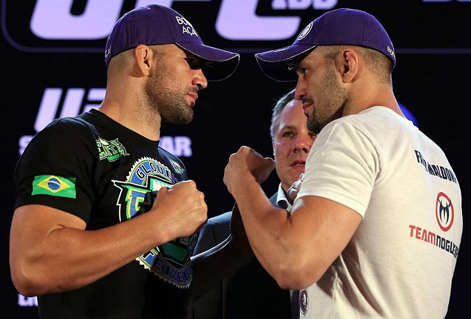 RIO DE JANEIRO, BRAZIL - OCTOBER 11:  (L-R) Opponents Glover Teixeira and Fabio Maldonado face off during a press conference ahead of UFC 153 at Windsor Barra Hotel on October 11, 2012 in Rio de Janeiro, Brazil.  (Photo by Josh Hedges/Zuffa LLC/Zuffa LLC via Getty Images)
