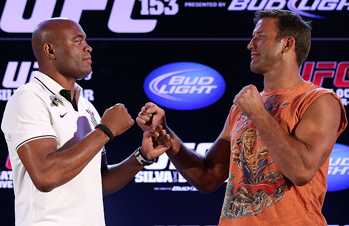 RIO DE JANEIRO, BRAZIL - OCTOBER 11:  (L-R) Opponents Anderson Silva and Stephan Bonnar face off during a press conference ahead of UFC 153 at Windsor Barra Hotel on October 11, 2012 in Rio de Janeiro, Brazil.  (Photo by Josh Hedges/Zuffa LLC/Zuffa LLC via Getty Images)