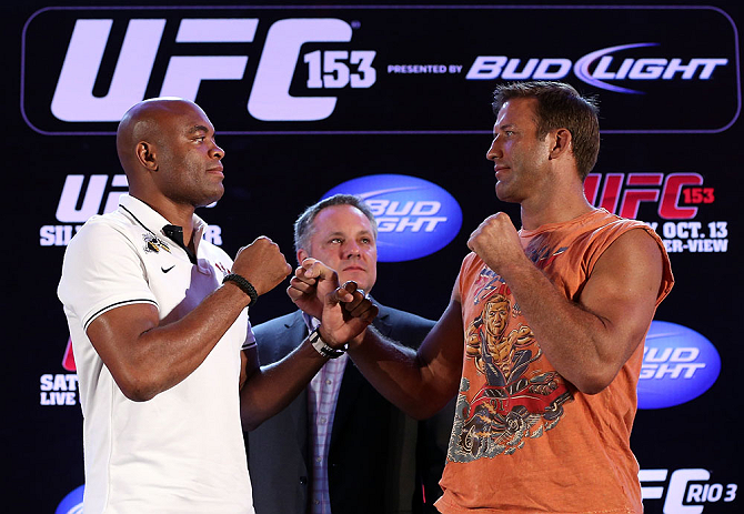 RIO DE JANEIRO, BRAZIL - OCTOBER 11:  (L-R) Opponents Anderson Silva and Stephan Bonnar face off during a press conference ahead of UFC 153 at Windsor Barra Hotel on October 11, 2012 in Rio de Janeiro, Brazil.  (Photo by Josh Hedges/Zuffa LLC/Zuffa LLC via Getty Images)