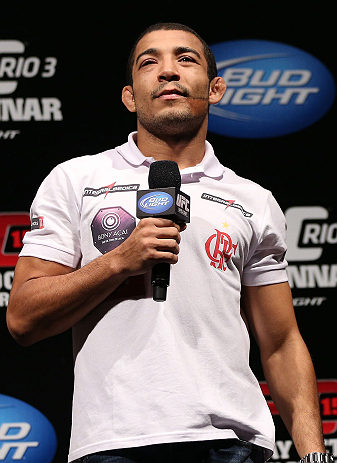 RIO DE JANEIRO, BRAZIL - OCTOBER 12:  Jose Aldo interacts with fans during a Q&A session before the UFC 153 weigh in at HSBC Arena on October 12, 2012 in Rio de Janeiro, Brazil.  (Photo by Josh Hedges/Zuffa LLC/Zuffa LLC via Getty Images)