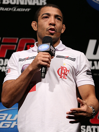 RIO DE JANEIRO, BRAZIL - OCTOBER 12:  Jose Aldo interacts with fans during a Q&A session before the UFC 153 weigh in at HSBC Arena on October 12, 2012 in Rio de Janeiro, Brazil.  (Photo by Josh Hedges/Zuffa LLC/Zuffa LLC via Getty Images)