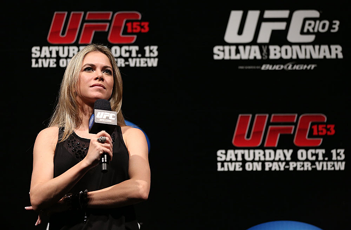 RIO DE JANEIRO, BRAZIL - OCTOBER 12:  UFC reporter Paula Sack hosts a Q&A session with fighters Lyoto Machida and Jose Aldo before the UFC 153 weigh in at HSBC Arena on October 12, 2012 in Rio de Janeiro, Brazil.  (Photo by Josh Hedges/Zuffa LLC/Zuffa LLC via Getty Images)