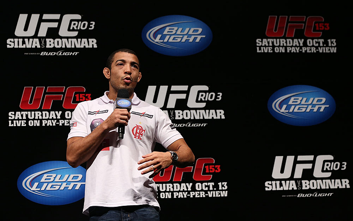RIO DE JANEIRO, BRAZIL - OCTOBER 12:  Jose Aldo interacts with fans during a Q&A session before the UFC 153 weigh in at HSBC Arena on October 12, 2012 in Rio de Janeiro, Brazil.  (Photo by Josh Hedges/Zuffa LLC/Zuffa LLC via Getty Images)