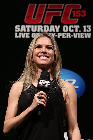 RIO DE JANEIRO, BRAZIL - OCTOBER 12:  UFC reporter Paula Sack hosts a Q&A session with fighters Lyoto Machida and Jose Aldo before the UFC 153 weigh in at HSBC Arena on October 12, 2012 in Rio de Janeiro, Brazil.  (Photo by Josh Hedges/Zuffa LLC/Zuffa LLC via Getty Images)