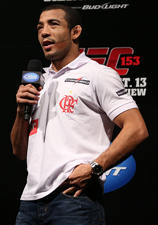 RIO DE JANEIRO, BRAZIL - OCTOBER 12:  Jose Aldo interacts with fans during a Q&A session before the UFC 153 weigh in at HSBC Arena on October 12, 2012 in Rio de Janeiro, Brazil.  (Photo by Josh Hedges/Zuffa LLC/Zuffa LLC via Getty Images)