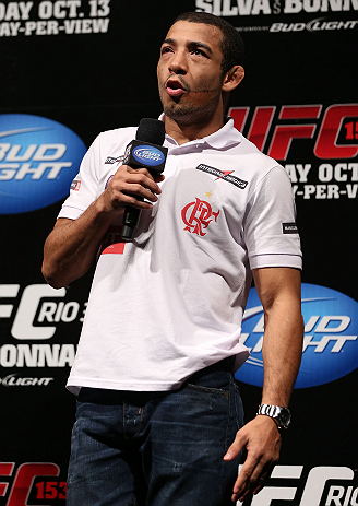 RIO DE JANEIRO, BRAZIL - OCTOBER 12:  Jose Aldo interacts with fans during a Q&A session before the UFC 153 weigh in at HSBC Arena on October 12, 2012 in Rio de Janeiro, Brazil.  (Photo by Josh Hedges/Zuffa LLC/Zuffa LLC via Getty Images)