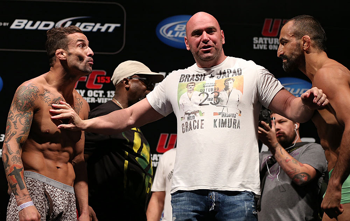 RIO DE JANEIRO, BRAZIL - OCTOBER 12:  Opponents Cristiano Marcello (L) and Reza Madadi (R) are separated by UFC President Dana White during the UFC 153 weigh in at HSBC Arena on October 12, 2012 in Rio de Janeiro, Brazil.  (Photo by Josh Hedges/Zuffa LLC/Zuffa LLC via Getty Images)