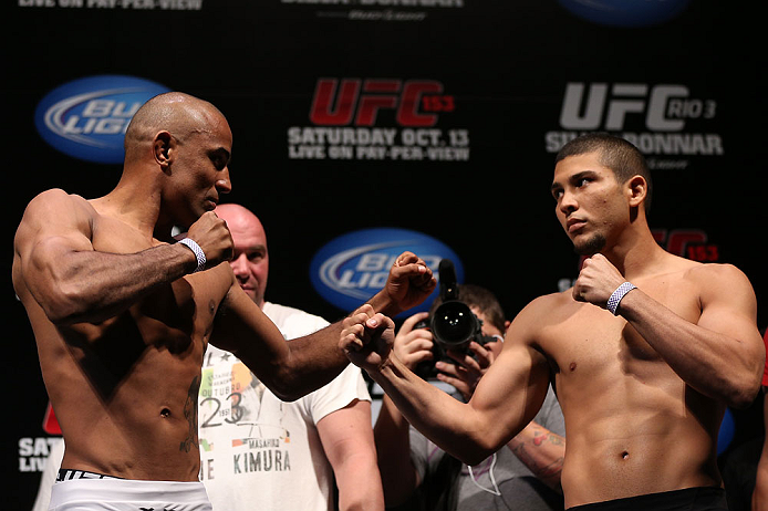 RIO DE JANEIRO, BRAZIL - OCTOBER 12:  (L-R) Opponents Sergio Moraes and Renee Forte face off during the UFC 153 weigh in at HSBC Arena on October 12, 2012 in Rio de Janeiro, Brazil.  (Photo by Josh Hedges/Zuffa LLC/Zuffa LLC via Getty Images)