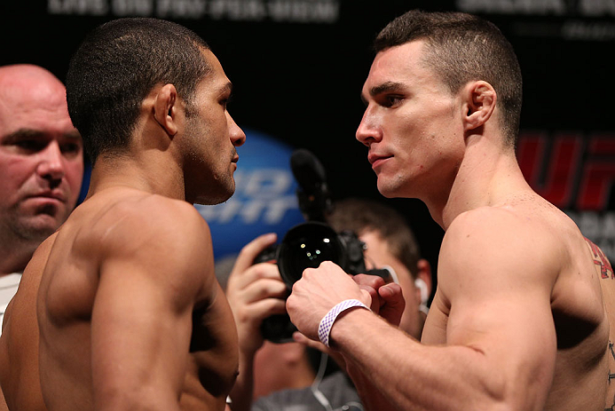 RIO DE JANEIRO, BRAZIL - OCTOBER 12:  (L-R) Opponents Diego Brandao and Joey Gambino face off during the UFC 153 weigh in at HSBC Arena on October 12, 2012 in Rio de Janeiro, Brazil.  (Photo by Josh Hedges/Zuffa LLC/Zuffa LLC via Getty Images)